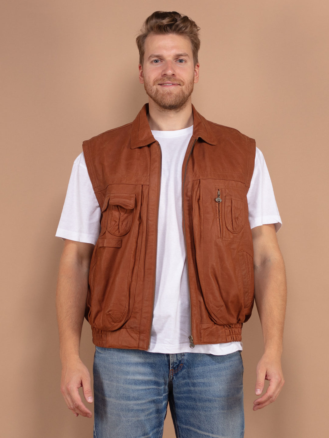 Men Leather Vest, 80's Large Size Vintage Vest, 80's Retro Vest, Vintage Sleeveless Jacket, Camping Vest, Layering Vest, Outdoor Outerwear