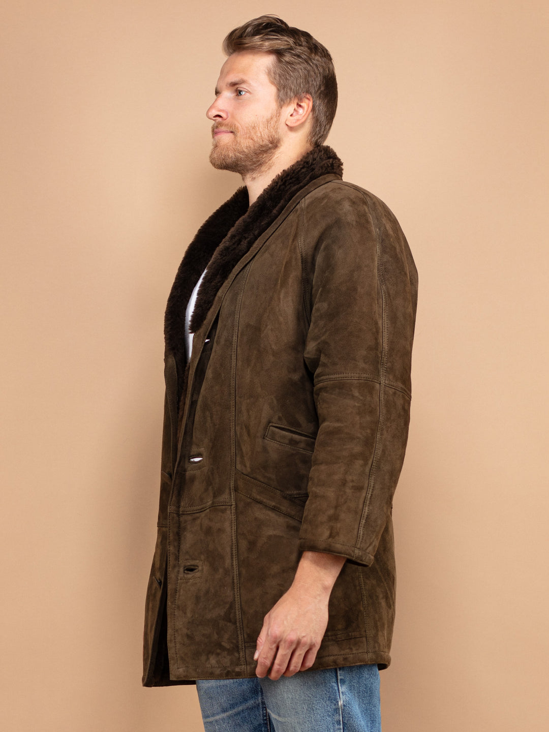 Sheepskin Men's Coat, Size Medium M Vintage 70's Shearling Coat, Brown Sheepskin Coat, Retro Suede Coat, Brown Fur Coat, Spain Made