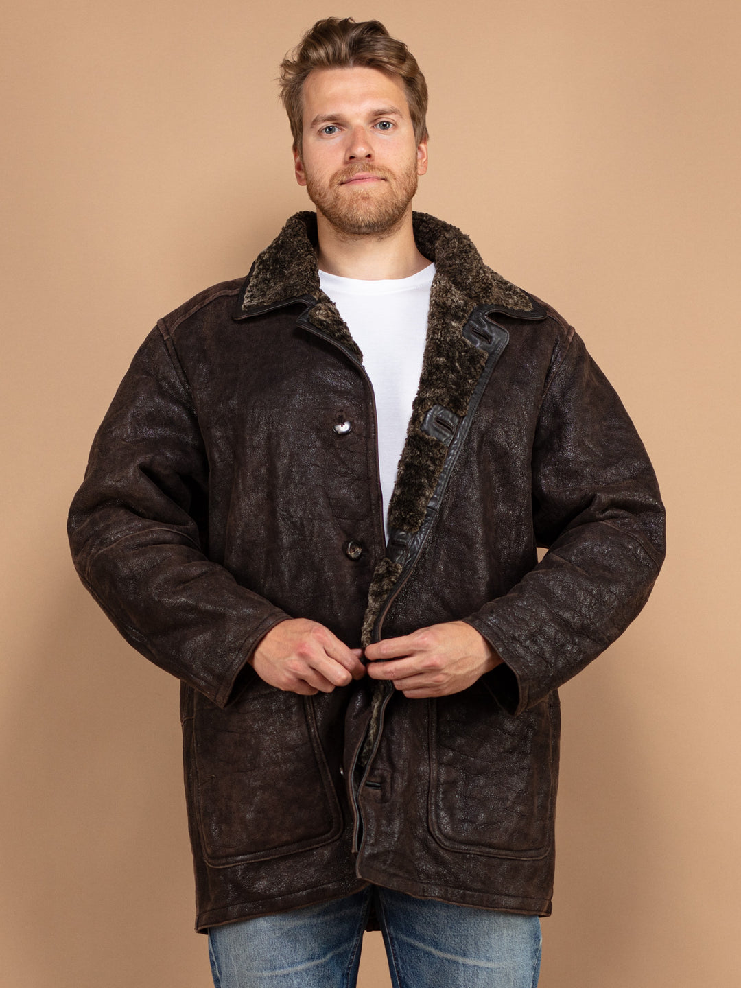 Sheepskin Leather Coat, Men Size Large XL Vintage Shearling Coat, Genuine Sheepskin Coat, Top Gun, Men's Fur Coat, Leather Shearling Coat