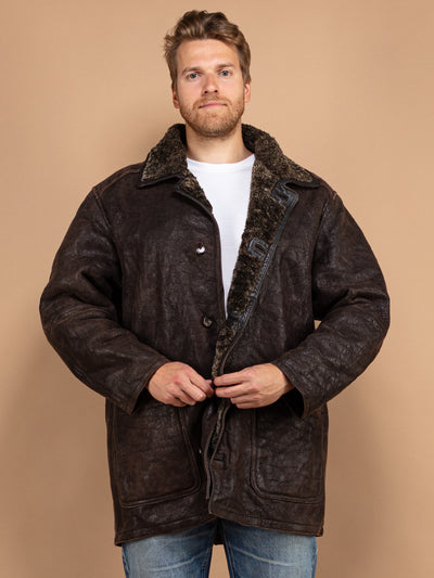Sheepskin Leather Coat, Men Size Large XL Vintage Shearling Coat, Genuine Sheepskin Coat, Top Gun, Men's Fur Coat, Leather Shearling Coat