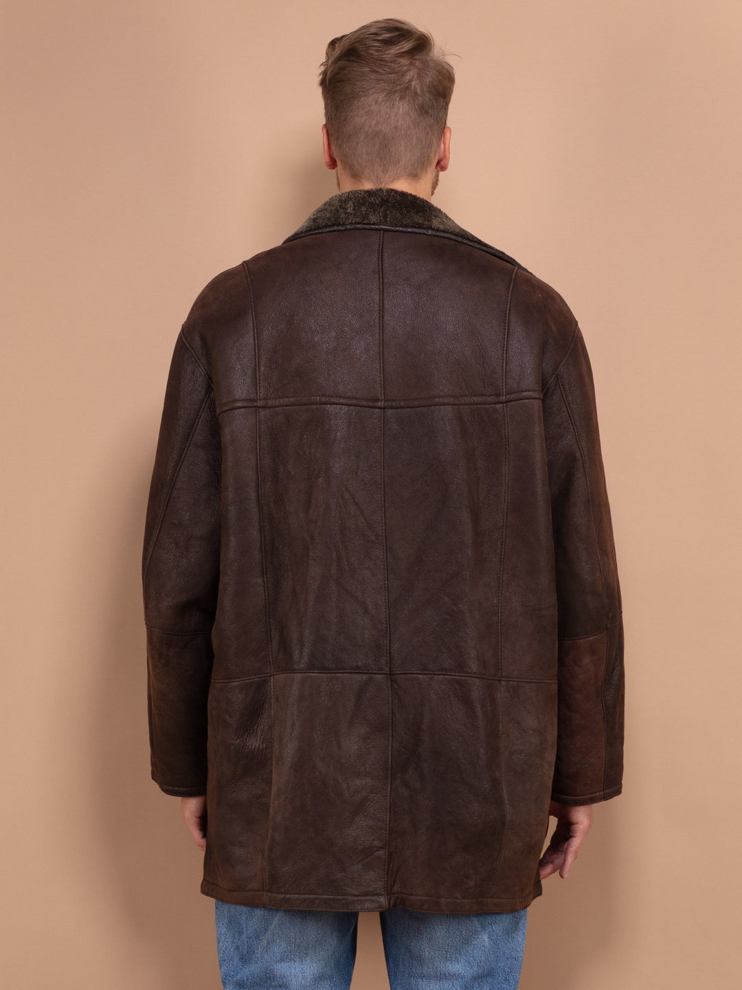 Sheepskin Leather Coat Men, Classic Shearling Overcoat XL, Brown Leather Coat, Classic 80's Coat, Second Hand Shearling Coat, Repurposed