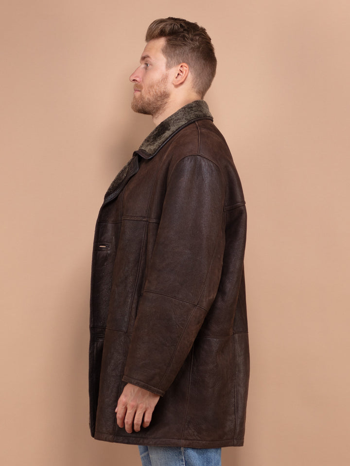 Sheepskin Leather Coat Men, Classic Shearling Overcoat XL, Brown Leather Coat, Classic 80's Coat, Second Hand Shearling Coat, Repurposed