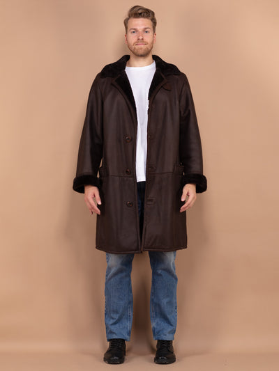 Men Sheepskin Coat, Size Large XL, 70’s Sheepskin Outerwear, Shearling Leather Coat, Winter Overcoat, Western Style Coat, Mens Long Coat