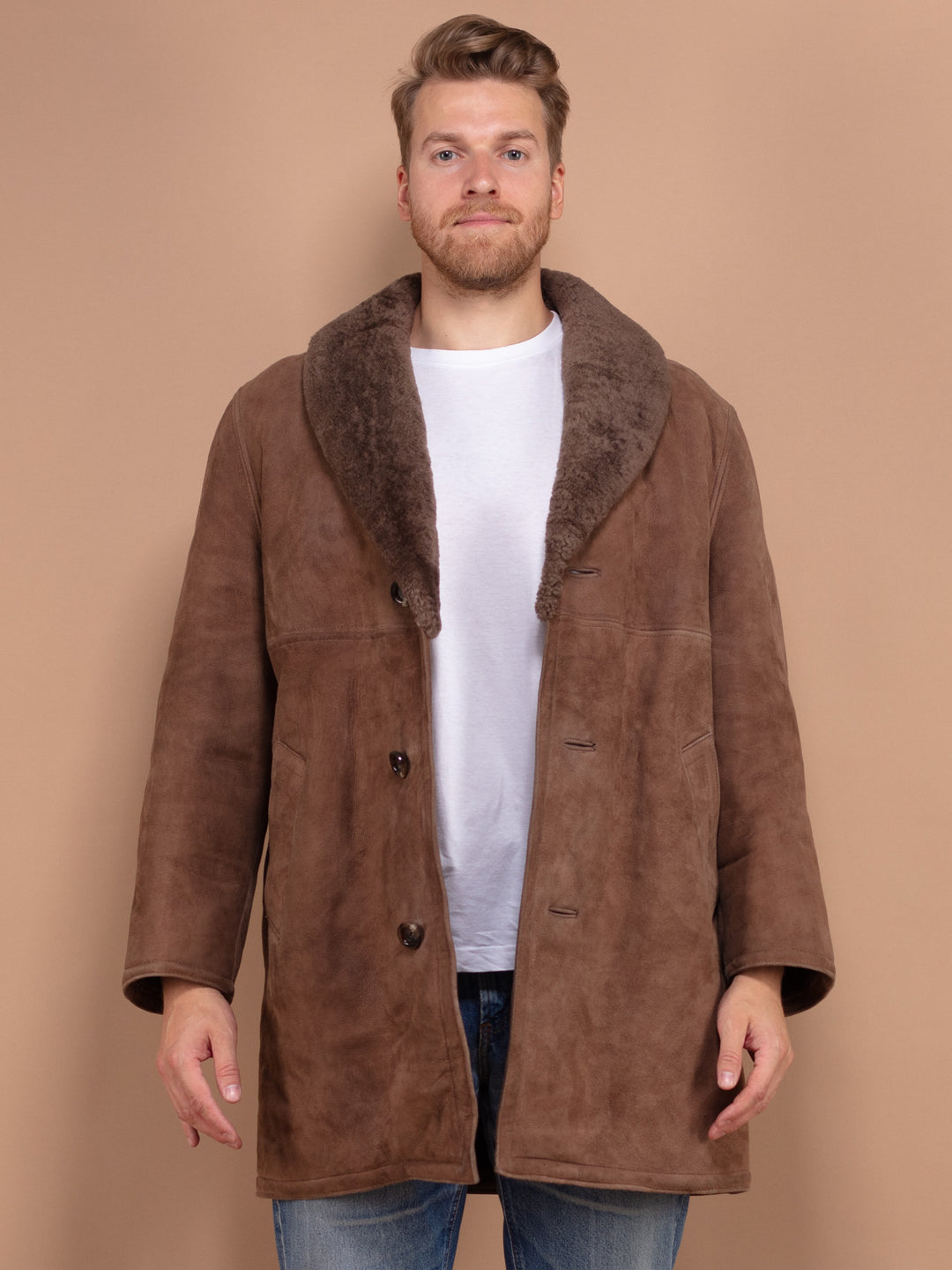 Sheepskin Coat Men, Vintage Suede Coat Large Size, Boho Men Coat, Warm Wool Coat, Old Fashioned Mens Overcoat, Brown Fur Coat, Pre Loved