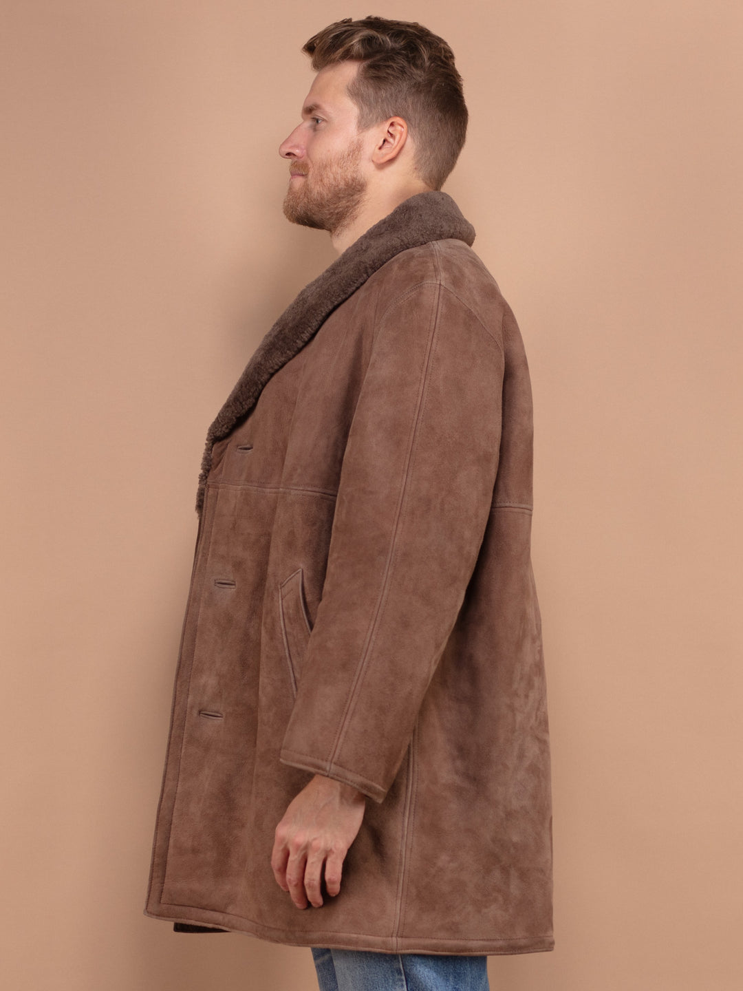 Sheepskin Coat Men, Vintage Suede Coat Large Size, Boho Men Coat, Warm Wool Coat, Old Fashioned Mens Overcoat, Brown Fur Coat, Pre Loved