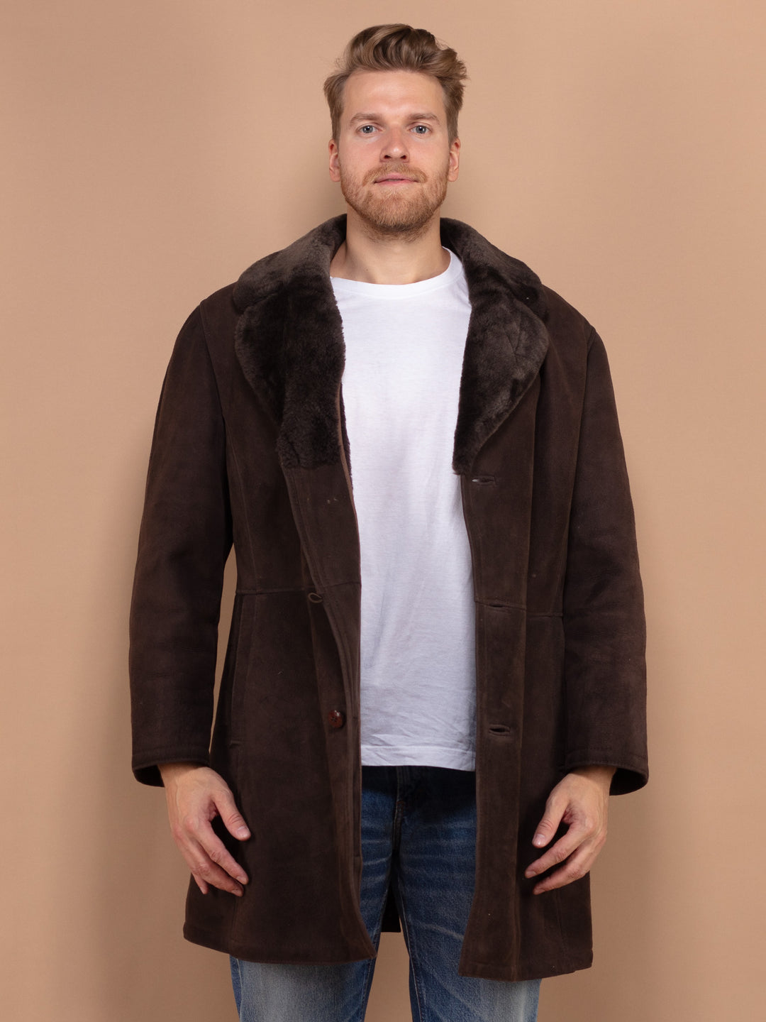 Sheepskin Men's Coat, Size Medium M Vintage 70's Shearling Coat, Brown Sheepskin Coat, Retro Chic Coat, Brown Fur Coat, Cowboy Coat