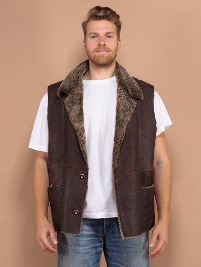 Sheepskin Leather Vest, Large Size XL Suede Vest, Men Sheepskin Vest, Shearling Vest, Mens 70s Vest, Vintage Clothing, Vintage Cowboy Vest