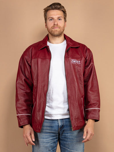 Sport Leather Jacket 90's, Vintage Men Leather Jacket Medium M, Retro Athletic Jacket, Hockey Canada Jacket, Pre-Loved Jacket, Men Outerwear