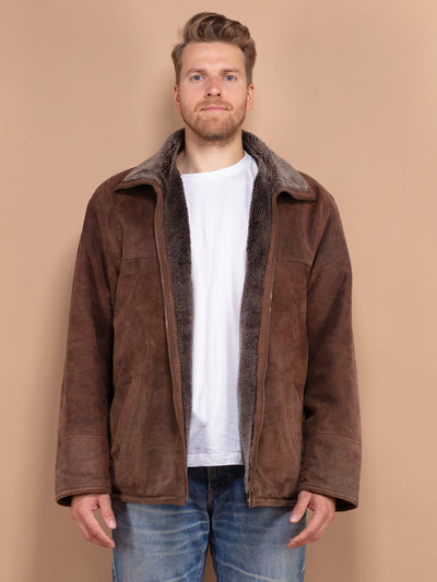 Suede Sherpa Jacket 90's, Size Large XL , Brown Suede Jacket, Faux Sheepskin Sherpa Jacket, Timeless Men's Outerwear, Sustainable Clothing