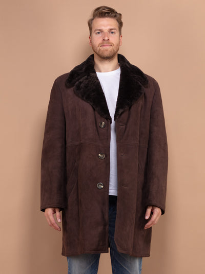 Men Sheepskin Coat 70's, Size Large XL Vintage Shearling Coat, Brown Sheepskin Coat, Shearling Coat, Brown Fur Coat, Pre Loved Coat