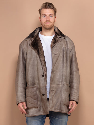 Shearling Leather Coat, Men Size Large XL Vintage Shearling Coat, Genuine Sheepskin Coat, Top Gun, Shearling Fur Coat, Sheepskin Outerwear