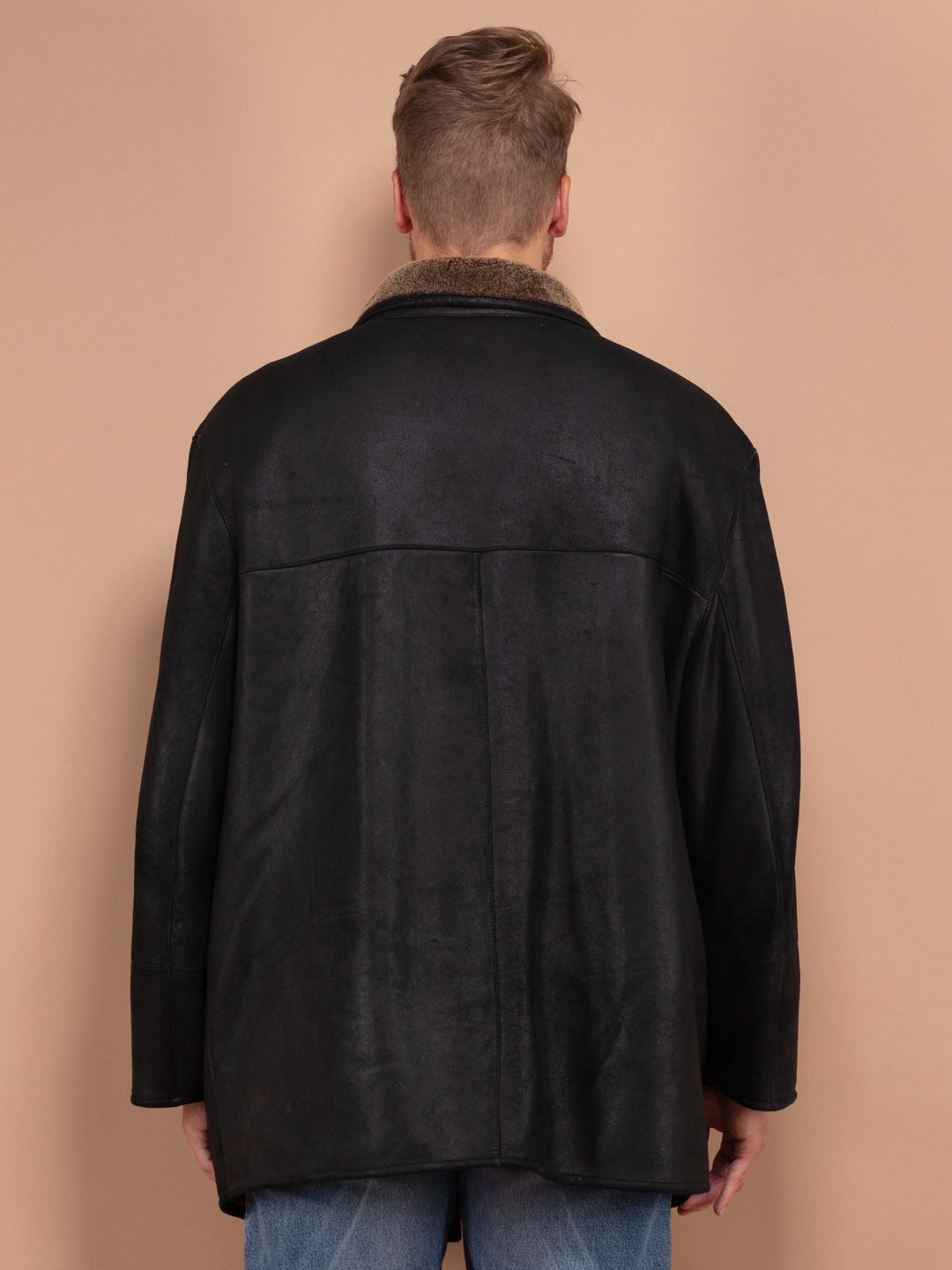 Vintage 80's Men Sheepskin Leather Coat in Black - NorthernGrip