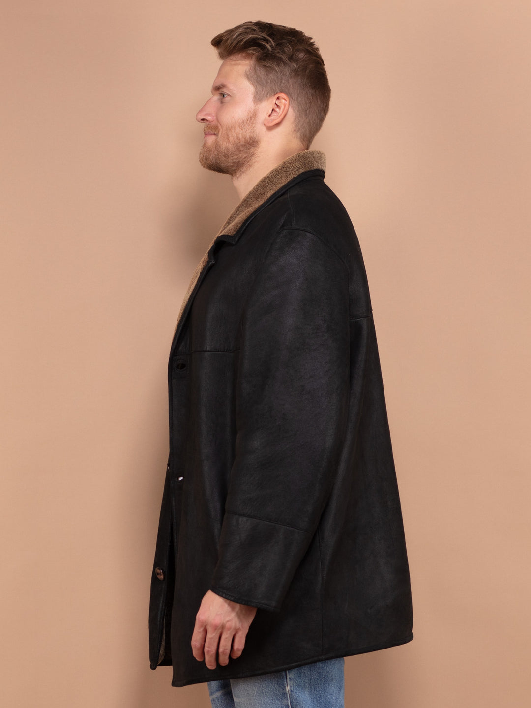 Vintage 80's Men Sheepskin Leather Coat in Black - NorthernGrip