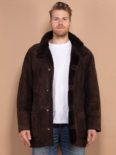 Warm Shearling Coat, Sheepskin Overcoat Large XL, Western Outerwear, Winter Suede Coat, Shearling Coat,  70's Men's Coat, Gift For Husband