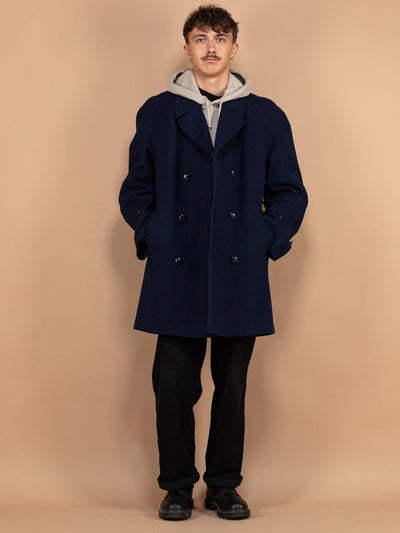 Navy Wool Coat, 70's Men Wool Coat Size L, Retro Wool Coat, Vintage Wool Coat For Men, Navy Blue Mens Coat, Preppy Outerwear, Office Coat