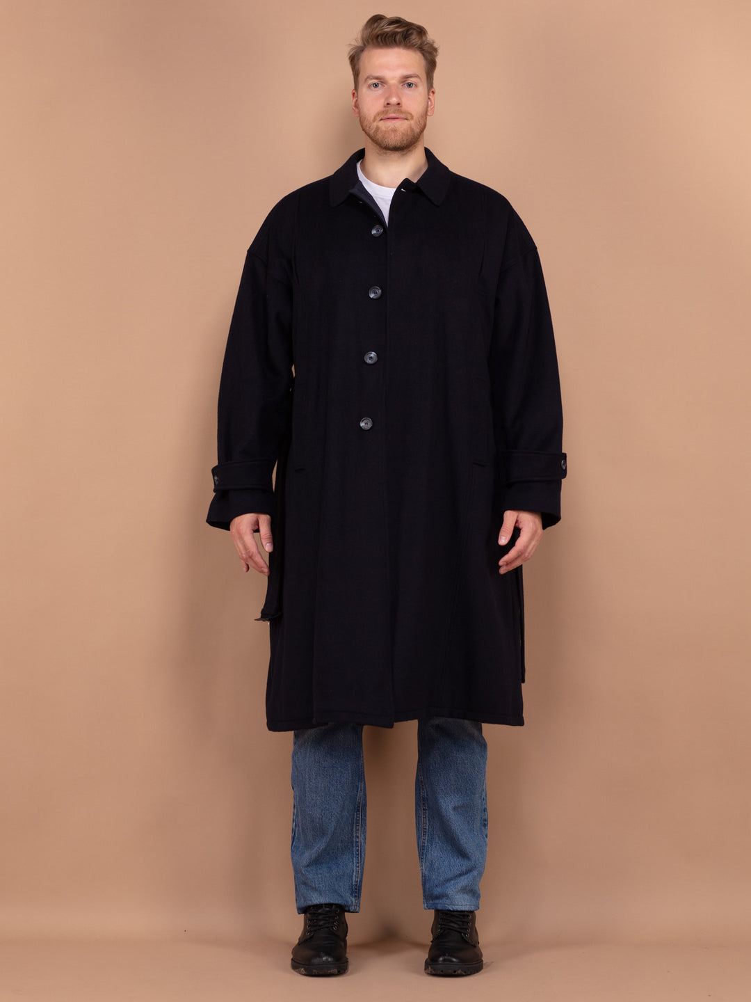 Men's Wool Coat, Classic Belted Coat Size XL, Long Wool Coat, Vintage Belted Coat For Men, Navy Blue Mens Coat, Vintage Outerwear, Timeless