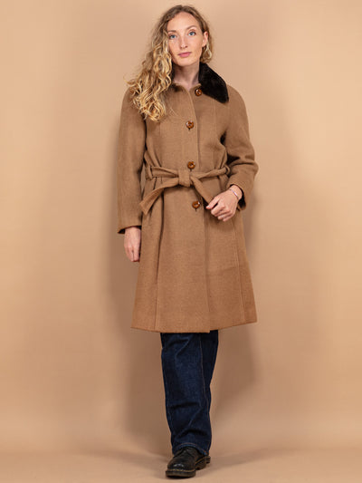 Belted Wool Coat, Women Size XS Small 70s Wool Overcoat, Elegant Women's Coat, Brown Wool Coat Women, Midi Woolen Coat, Wool Outerwear