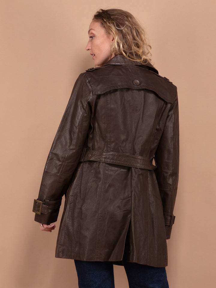 Y2K Leather Coat, Size Medium, Casual Brown Leather Coat, Retro Women Coat, Double Breasted Coat, Vintage Women Outerwear, Timeless Coat
