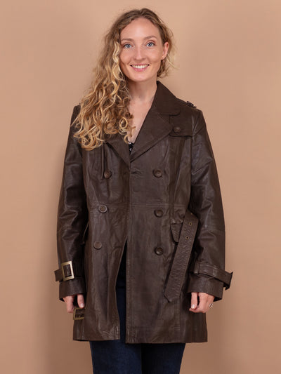 Y2K Leather Coat, Size Medium, Casual Brown Leather Coat, Retro Women Coat, Double Breasted Coat, Vintage Women Outerwear, Timeless Coat