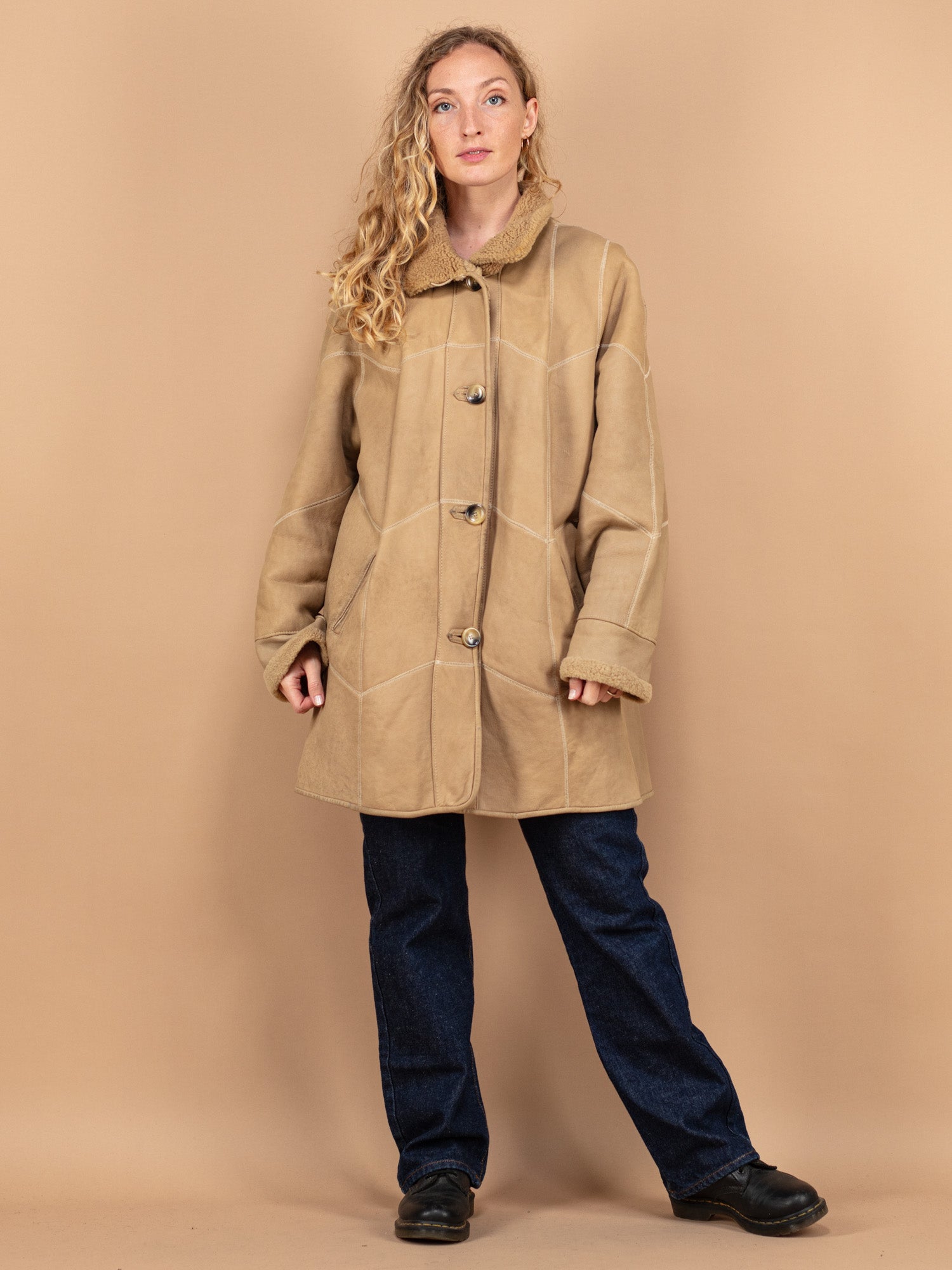 Vintage genuine leather beige online coat