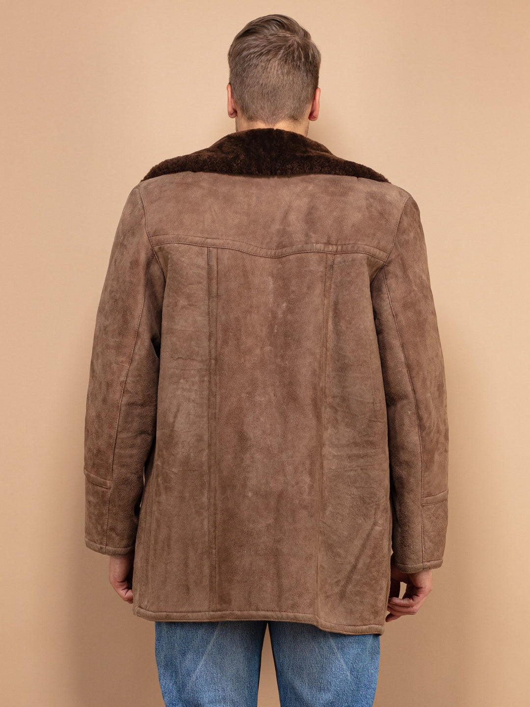 Men Sheepskin Coat 70's, Size Large, Shearling Men Coat, Brown Suede Coat, Retro Western Style Coat, Men Vintage Clothing, Winter Coat