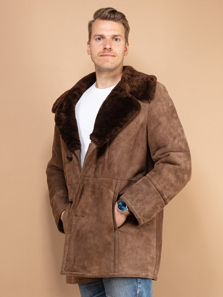 Men Sheepskin Coat 70's, Size Large, Shearling Men Coat, Brown Suede Coat, Retro Western Style Coat, Men Vintage Clothing, Winter Coat
