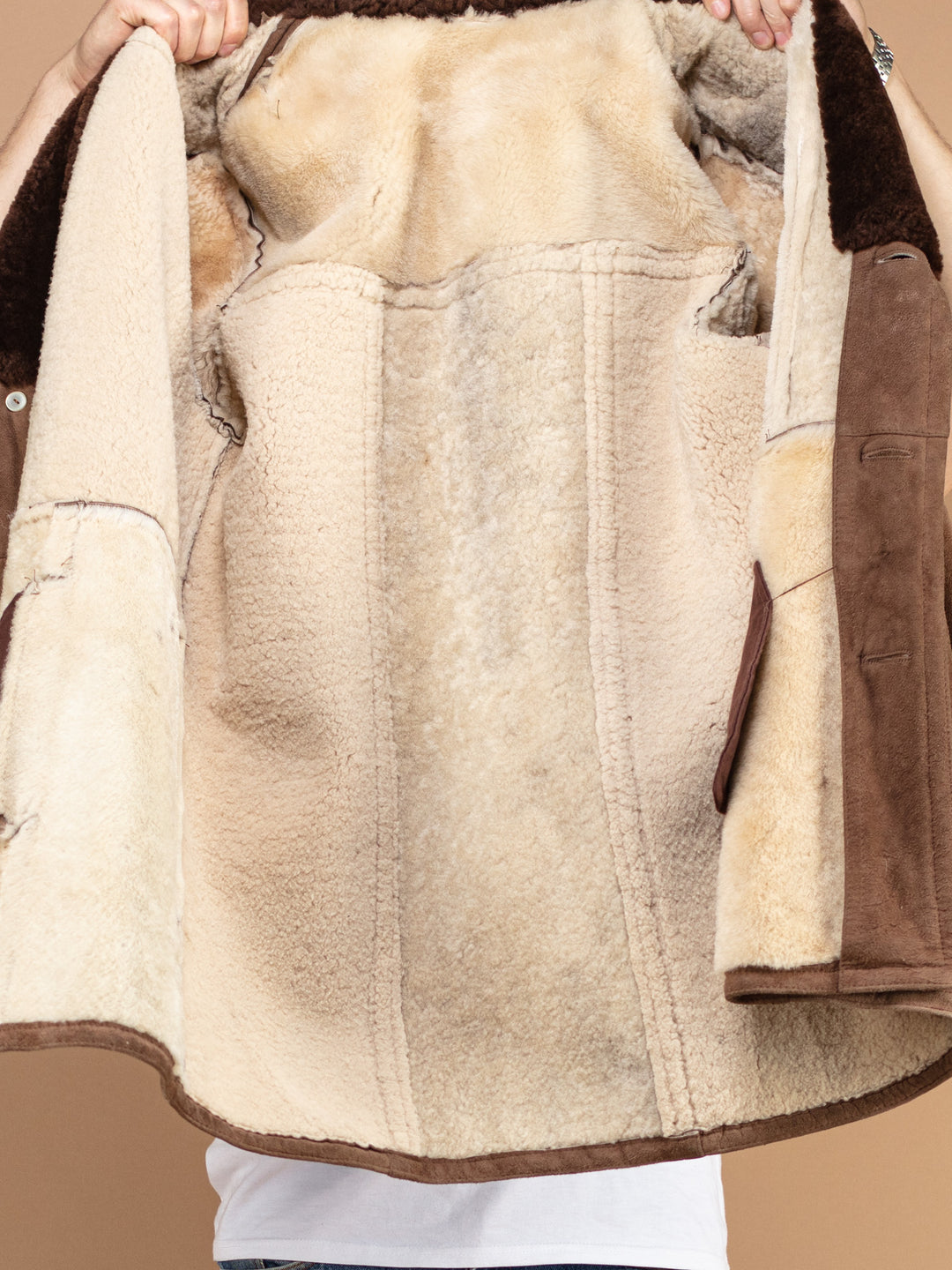 Vintage 70's Men Sheepskin Suede Coat in Brown - NorthernGrip
