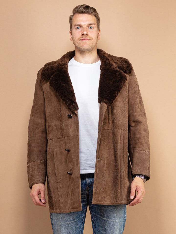 Men Sheepskin Coat 70's, Size Large, Shearling Men Coat, Brown Suede Coat, Retro Western Style Coat, Men Vintage Clothing, Winter Coat