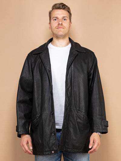 Black Leather Jacket 80s vintage men leather jacket minimalist sleek street style jacket sustainable vintage clothing size large L