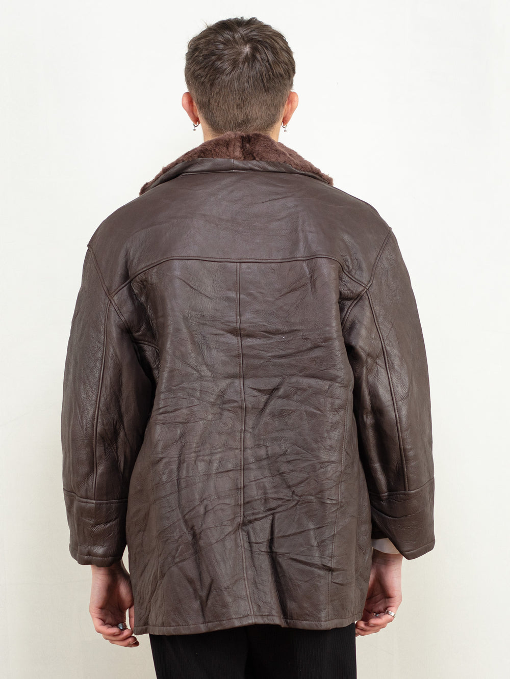 Vintage 90's Men Sheepskin Leather Coat in Brown - NorthernGrip