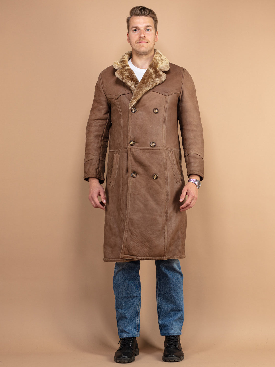 Sheepskin Men Coat 70’s vintage sheepskin leather long coat men western style vintage leather winter coat style clothing size medium M