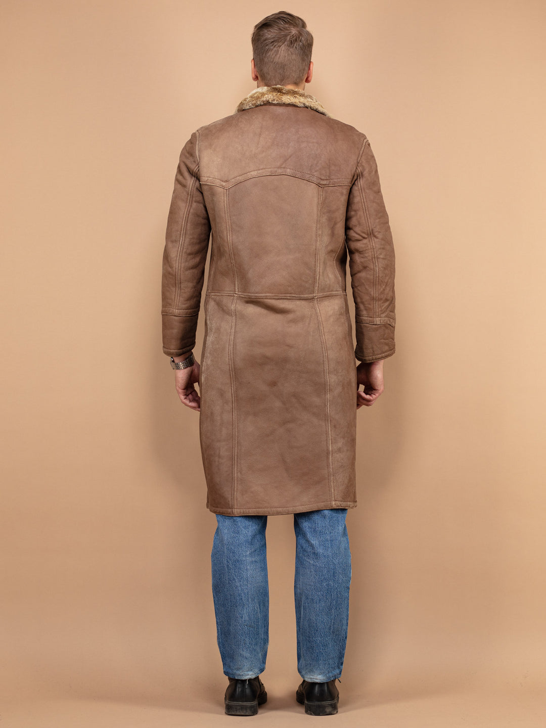 Vintage 70's Men Sheepskin Leather Long Coat in Brown - NorthernGrip