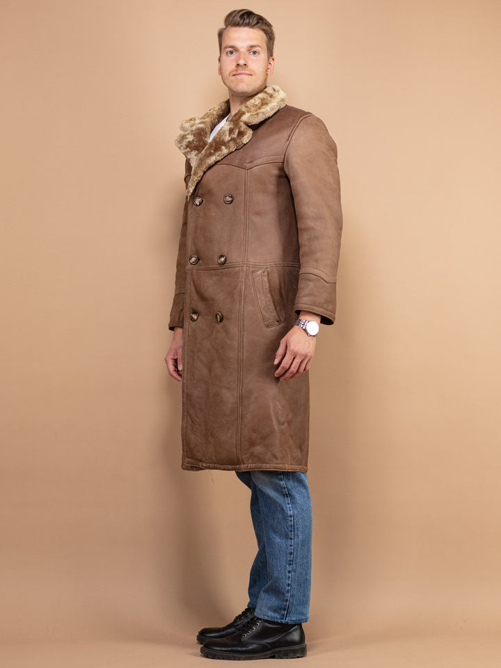 Vintage 70's Men Sheepskin Leather Long Coat in Brown - NorthernGrip