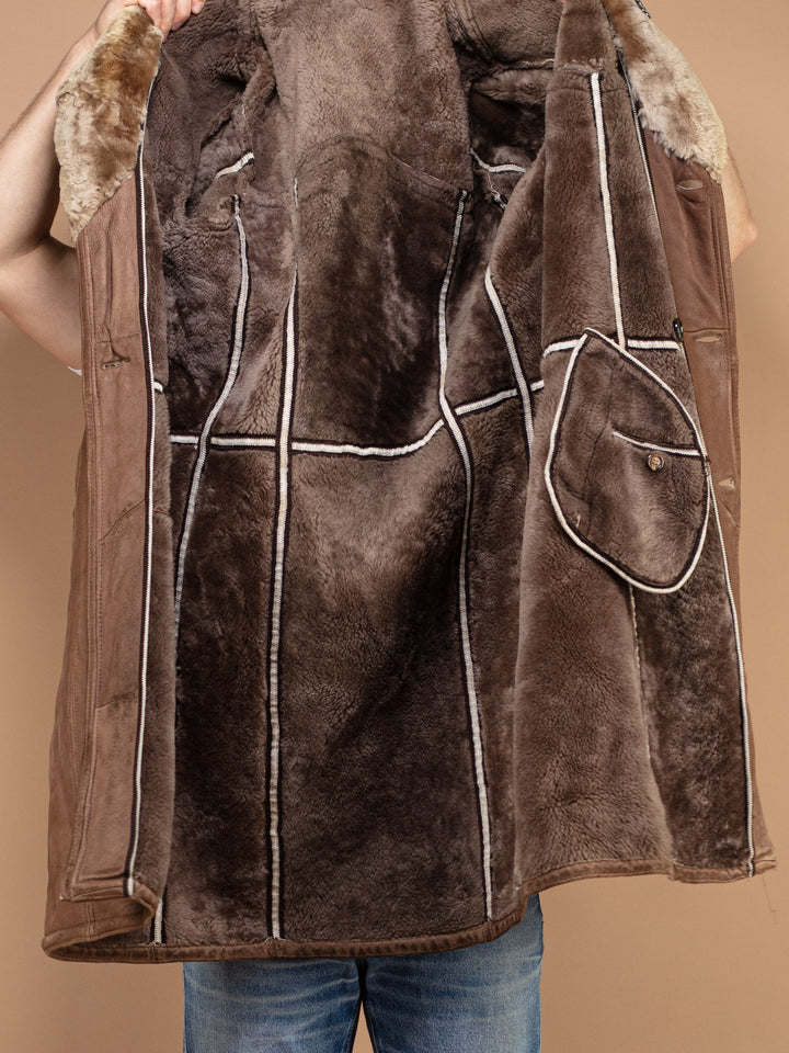 Vintage 70's Men Sheepskin Leather Long Coat in Brown - NorthernGrip