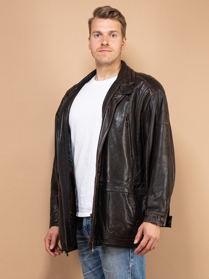 Leather Jacket Men 80's vintage leather biker moto street jacket zip up retro street jacket biker style men clothing size extra large XL