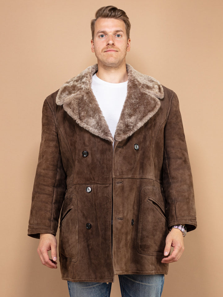 Vintage 70's Men Sheepskin Suede Coat in Brown - NorthernGrip