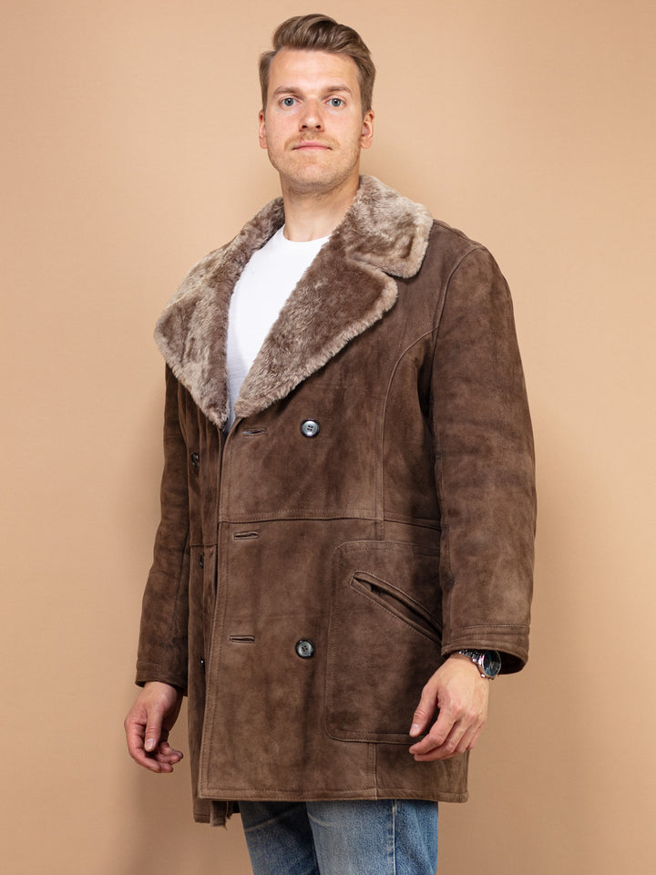 Sheepskin Men Coat 70's vintage men sheepskin coat brown suede shearling coat western style coat men vintage clothing size large L