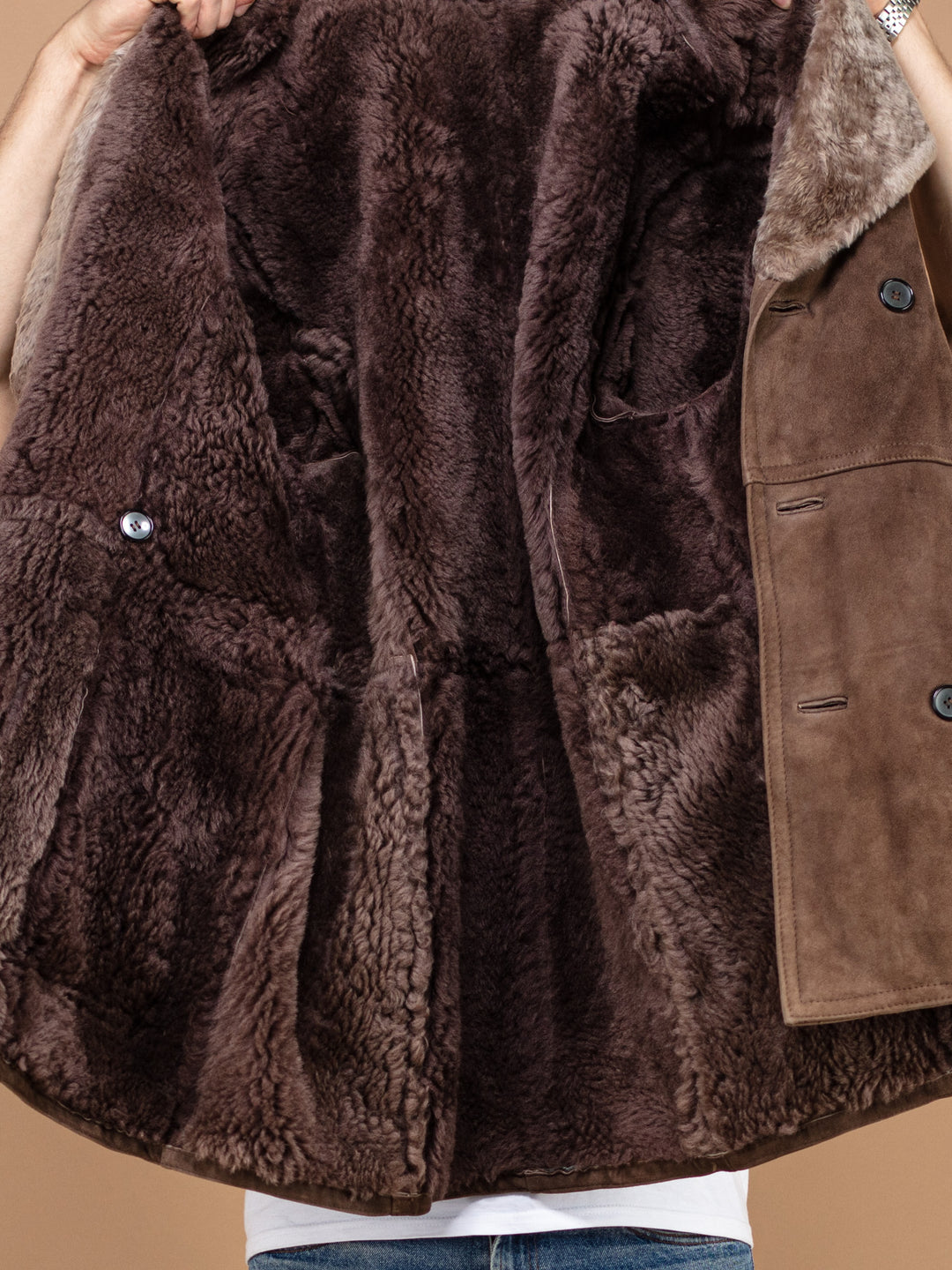 Sheepskin Men Coat 70's vintage men sheepskin coat brown suede shearling coat western style coat men vintage clothing size large L