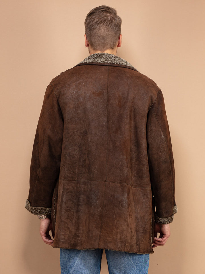 Sheepskin Leather Coat For Men Size Large L, Vintage Shearling Coat, Retro Suede Outerwear, Classic Brown Coat, Leather Coat Sheep Skin 90's