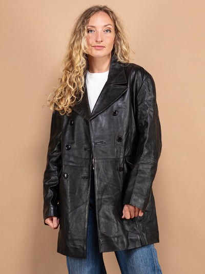 Oversized Leather Coat 90s, Size XL, Vintage Women Leather Coat, Retro Minimalist Coat, Double Breasted Coat, Vintage 90s Women Outerwear