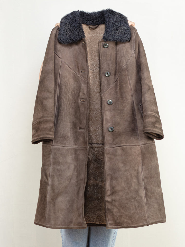 Sheepskin Shearling Coat vintage 70's women penny lane button up coat boho hippie overcoat y2k style lambskin leather women size large L