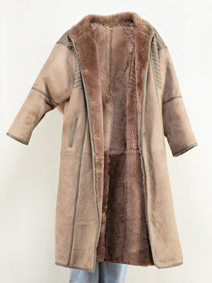 Vintage 80's Women Sheepskin Leather Coat in Beige - NorthernGrip