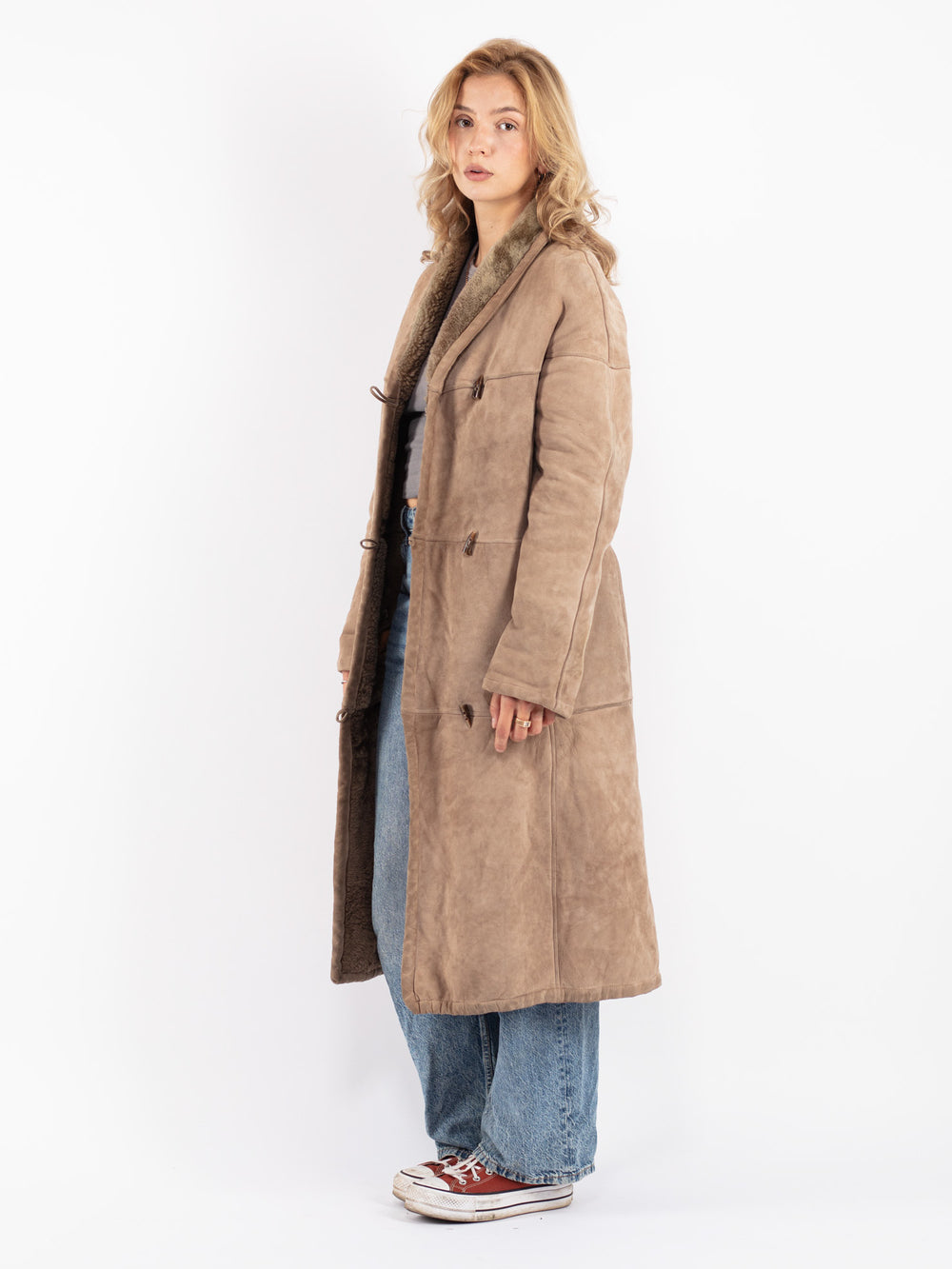 Vintage 80's Women Shearling Coat in Beige