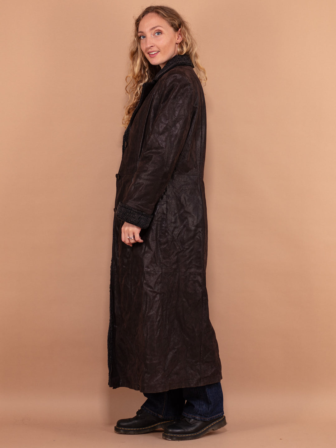 Leather Sherpa Coat 90s, Size Medium Brown Leather Coat, Sherpa Leather Coat, Vintage Leather Maxi Coat,  Retro Leather Coat, 90s Outerwear,