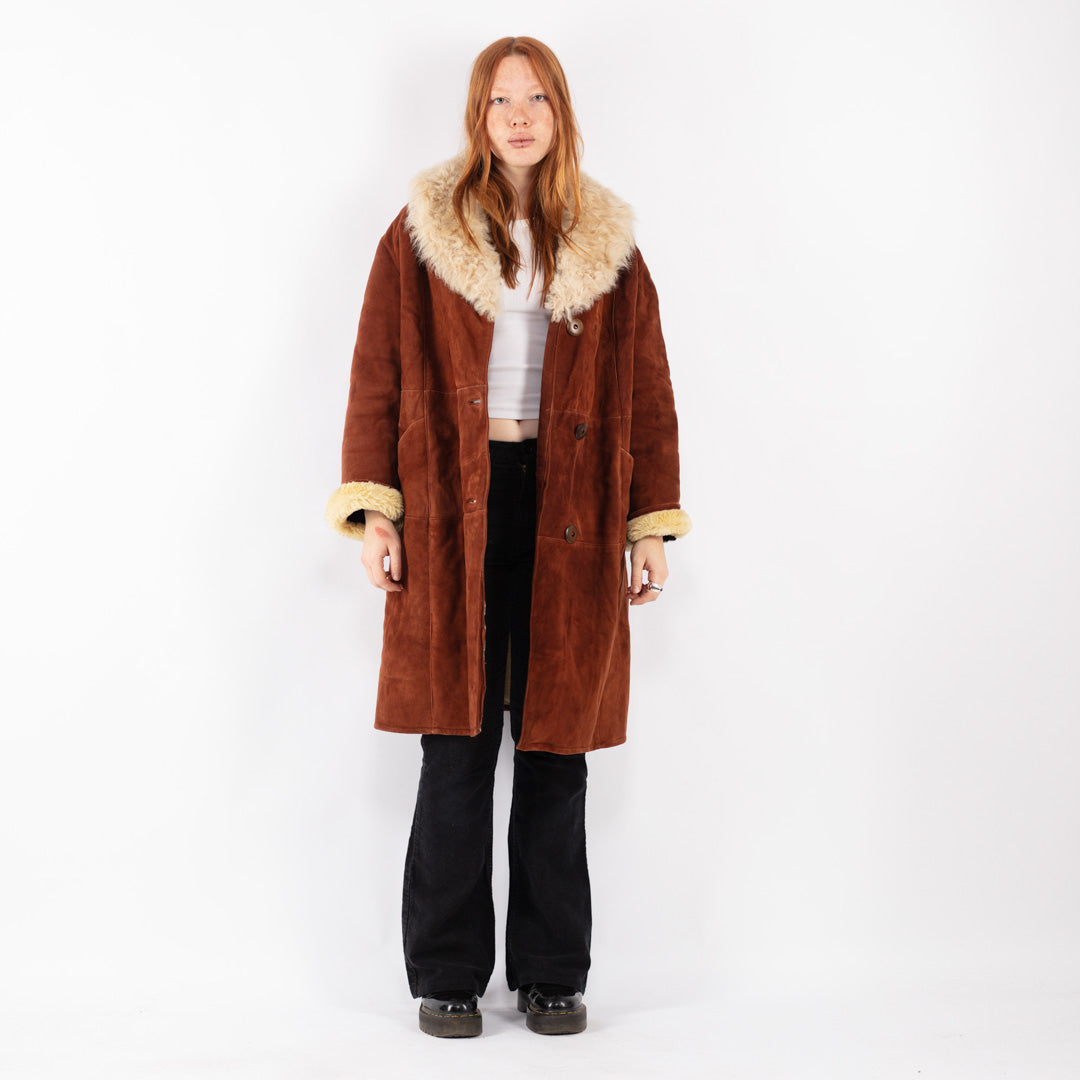 Vintage 70's Women Sheepskin Shearling Coat in Brown