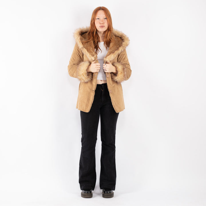 Vintage 90's Women Faux Sheepskin Coat in Beige