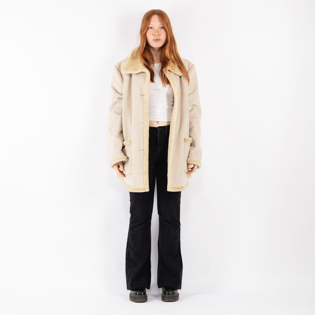 Vintage 90's Women Faux Sheepskin Coat in Beige