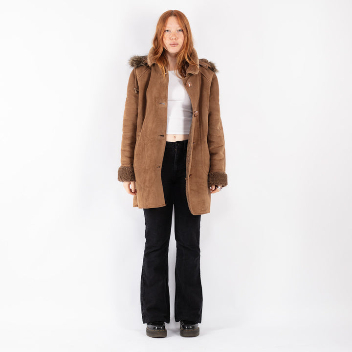 Vintage 90's Women Faux Sheepskin Coat in Beige