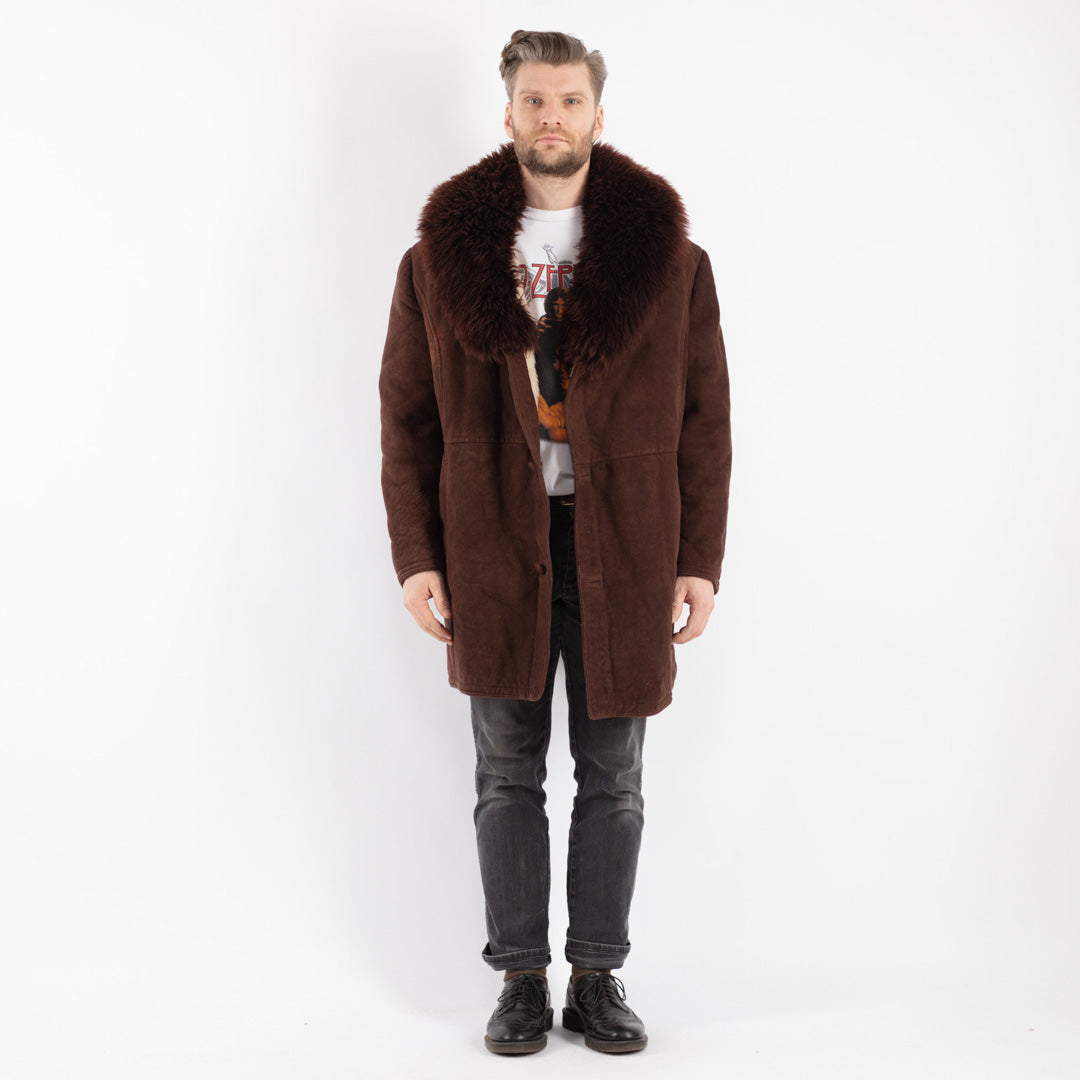 Vintage 70's Men Sheepskin Shearling Coat in Brown