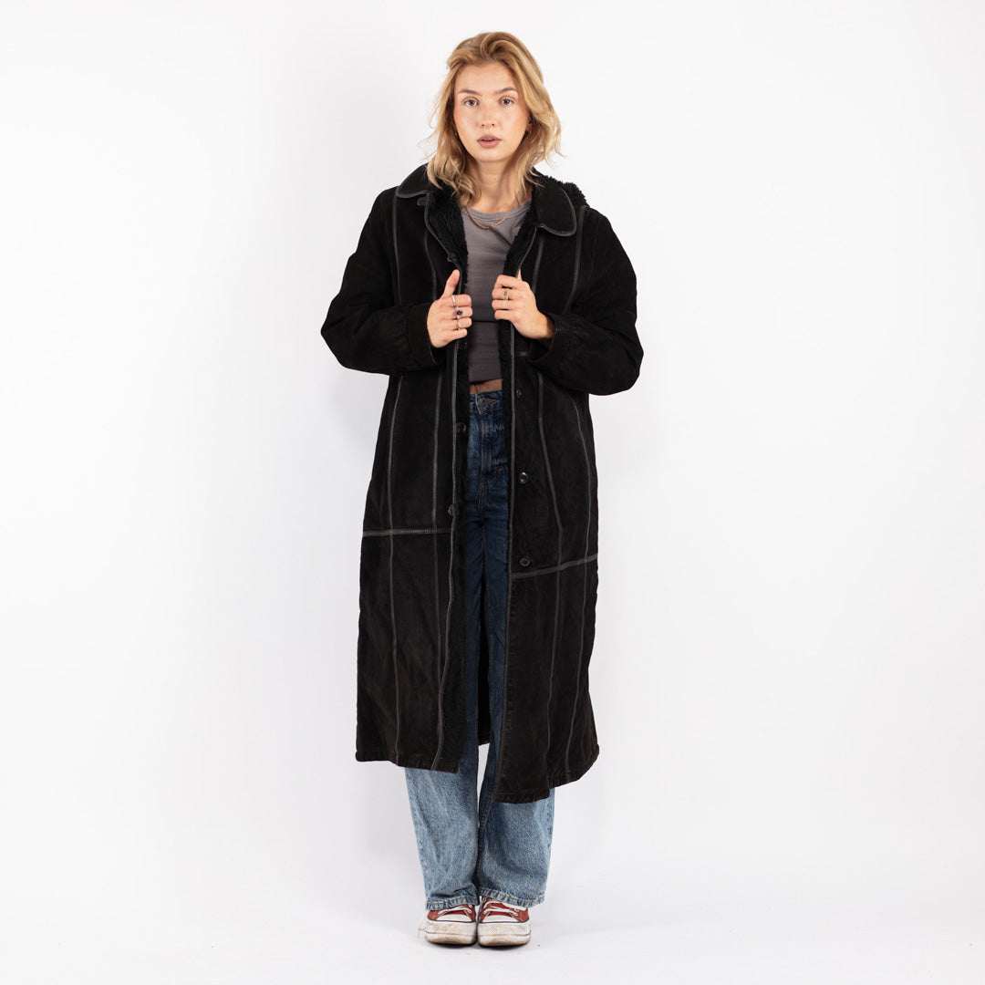 Vintage 90's Women Suede Sherpa Coat in Black